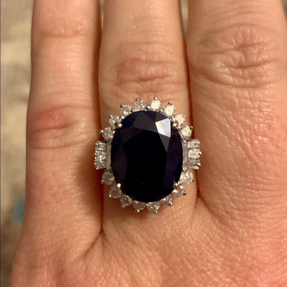 SHOW STOPPER! Sapphire and Diamond 14k White Gold - Picture 1 of 5
